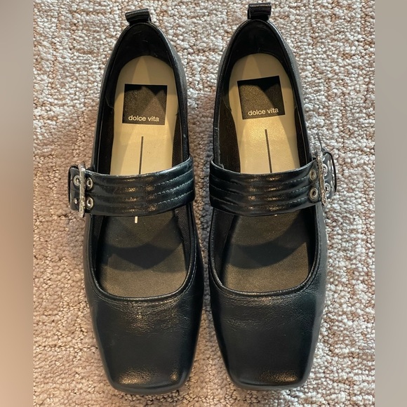 Dolce Vita Arora Black Leather Flats with Silver Buckle, Square Toe, Ballet, 6 - Picture 11 of 15